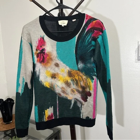 Anthropologie Womens XS Sweater Rooster Artwork Lauren C Walcott Wool Blend - Picture 1 of 16